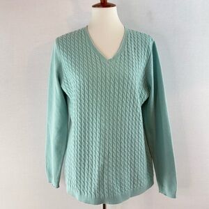 Lands' End Aqua Blue V-Neck Cable Knit Cashmere Sweater